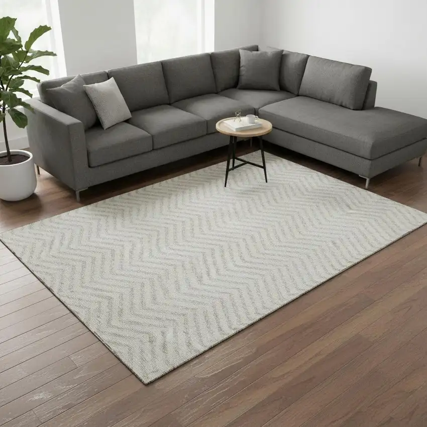 Ivory And Beige Chevron Washable Area Rug With UV Protection Photo 2