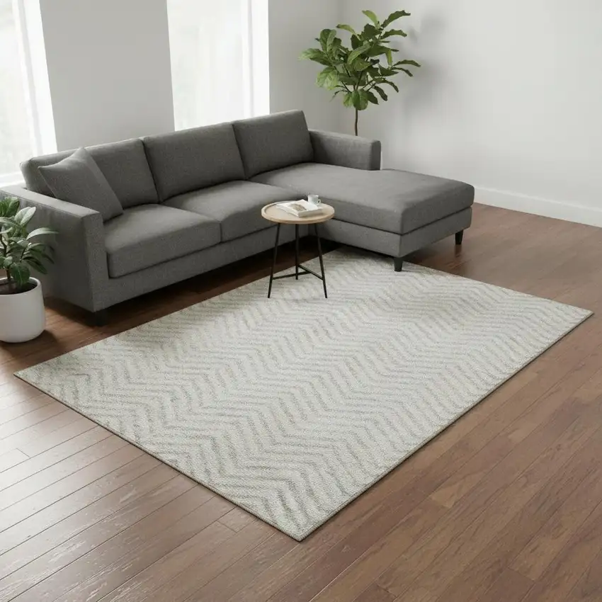 Ivory And Beige Chevron Washable Area Rug With UV Protection Photo 2