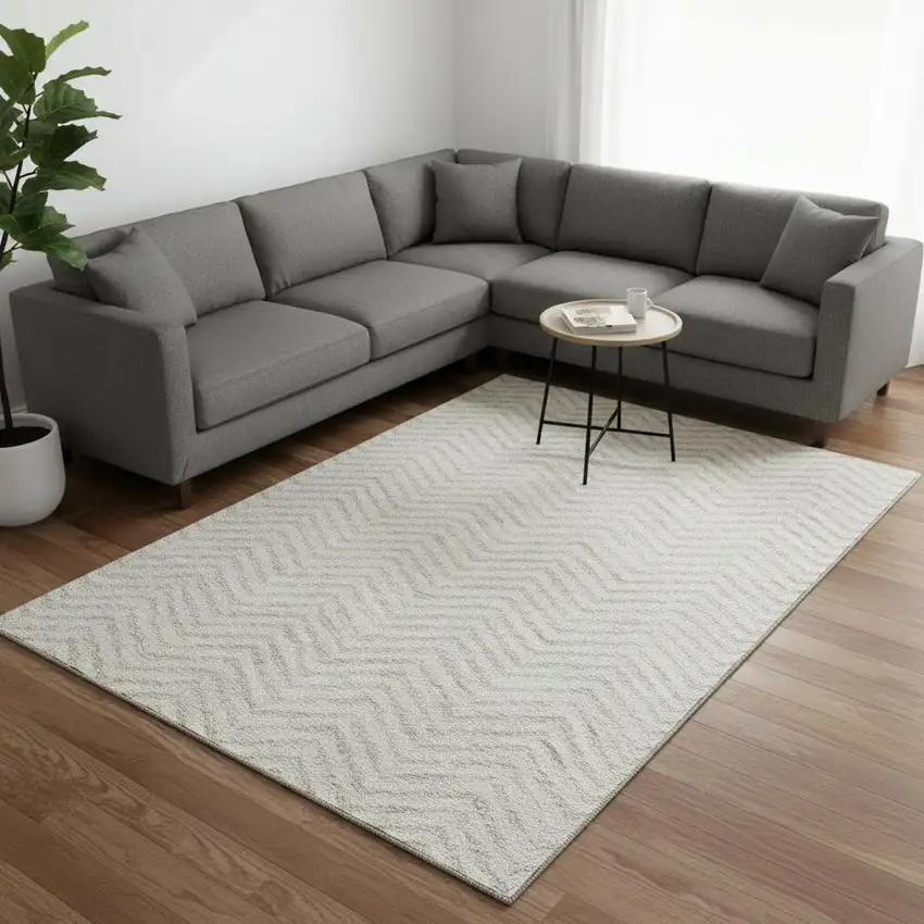 Ivory And Beige Chevron Washable Area Rug With UV Protection Photo 2