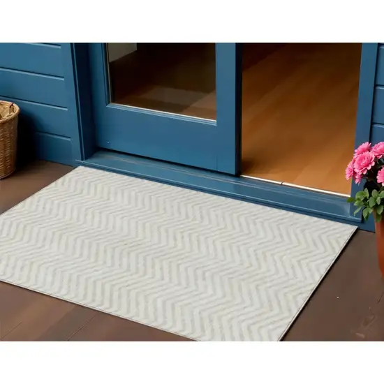 Ivory And Beige Chevron Washable Indoor Outdoor Area Rug Photo 1