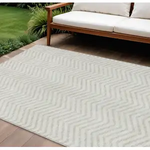 Photo of Ivory And Beige Chevron Washable Indoor Outdoor Area Rug