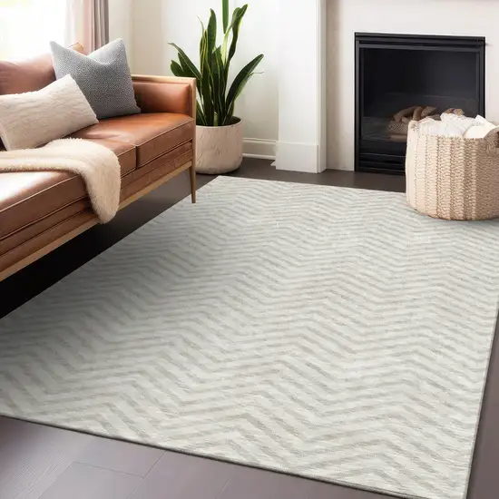Ivory And Beige Chevron Washable Indoor Outdoor Area Rug Photo 8