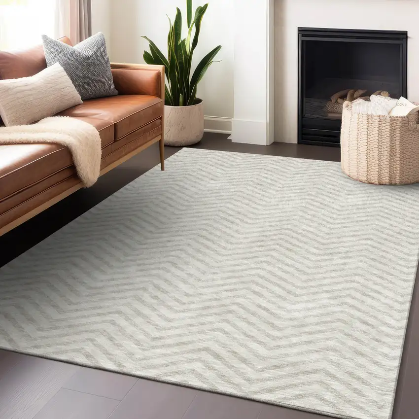 Ivory And Beige Chevron Washable Indoor Outdoor Area Rug Photo 8