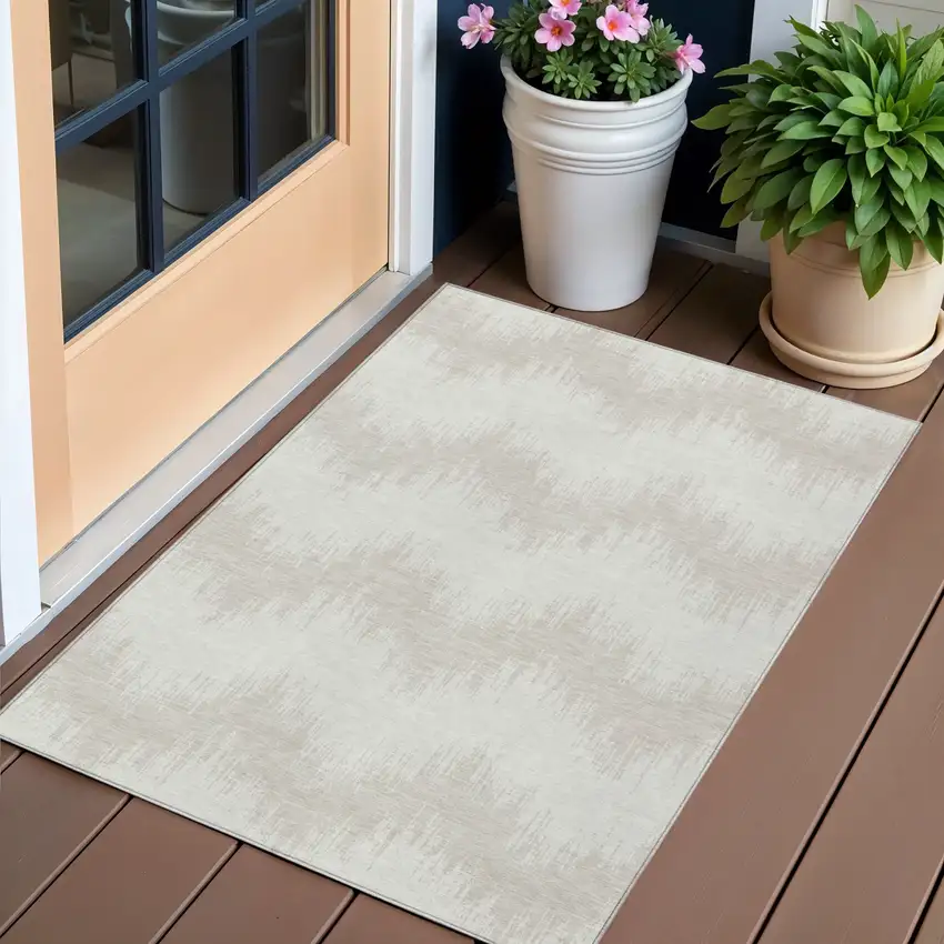 Ivory And Beige Chevron Washable Indoor Outdoor Area Rug Photo 1