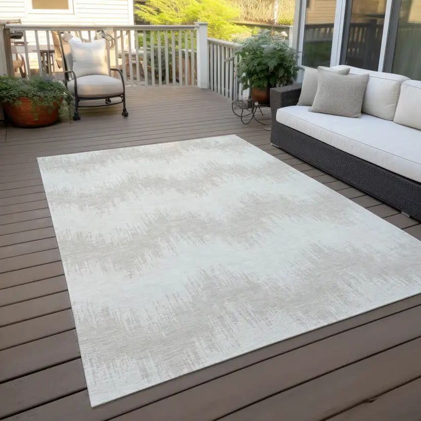 Ivory And Beige Chevron Washable Indoor Outdoor Area Rug Photo 9