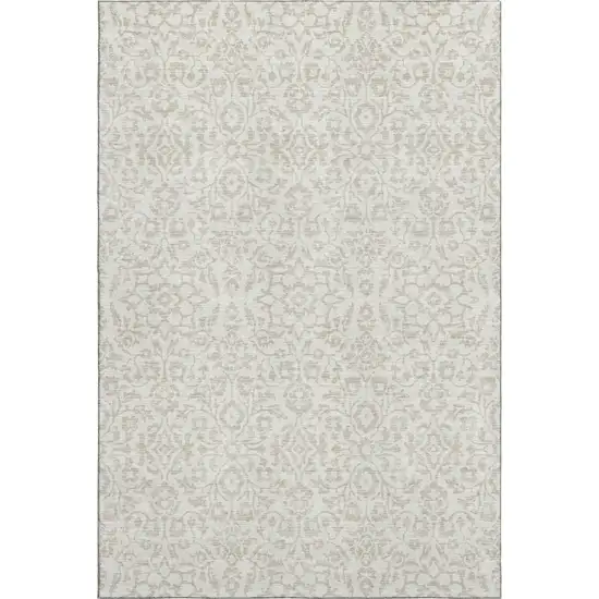 Ivory And Beige Damask Washable Area Rug With UV Protection Photo 1