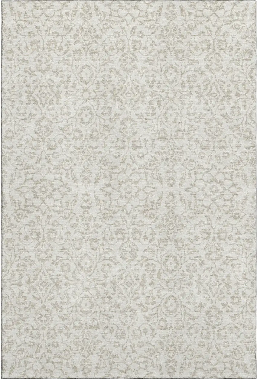 Ivory And Beige Damask Washable Area Rug With UV Protection Photo 1