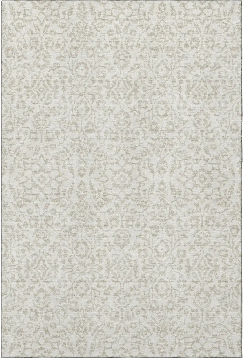 Ivory And Beige Damask Washable Area Rug With UV Protection Photo 4