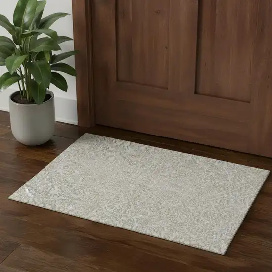 Ivory And Beige Damask Washable Area Rug With UV Protection Photo 1