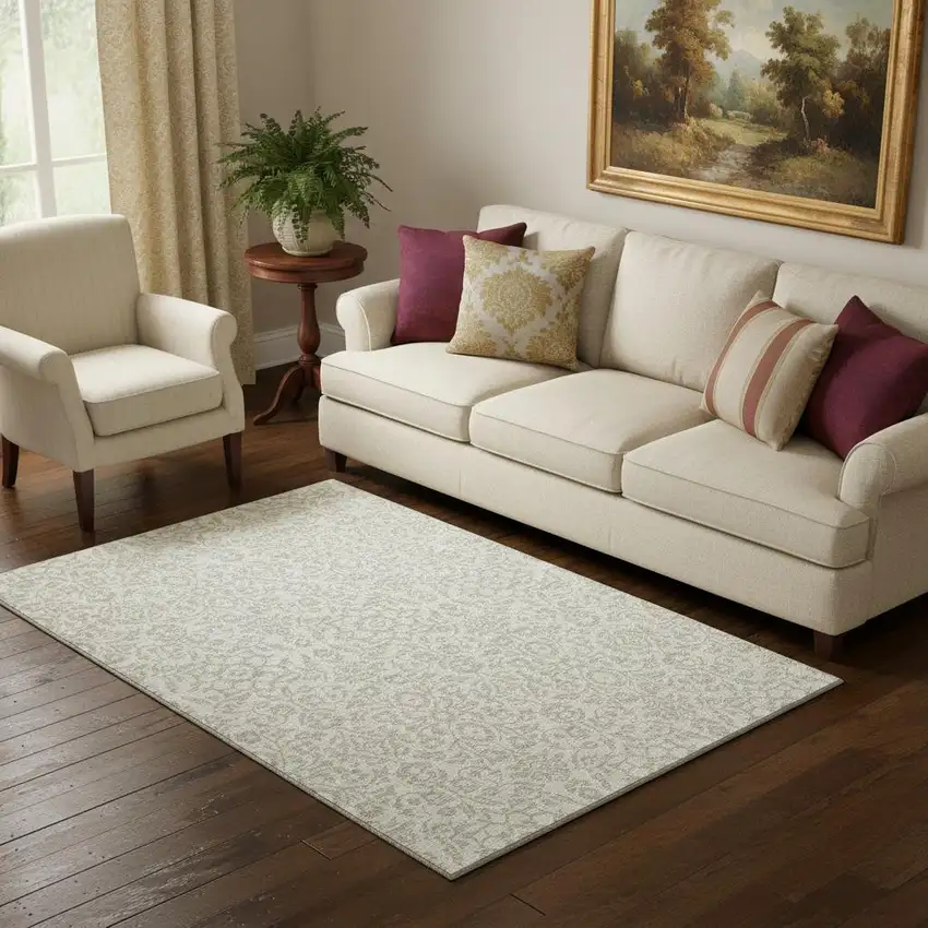 Ivory And Beige Damask Washable Area Rug With UV Protection Photo 1