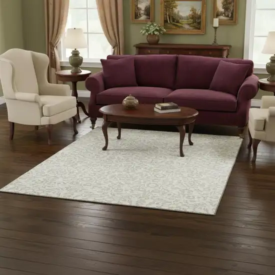 Ivory And Beige Damask Washable Area Rug With UV Protection Photo 2