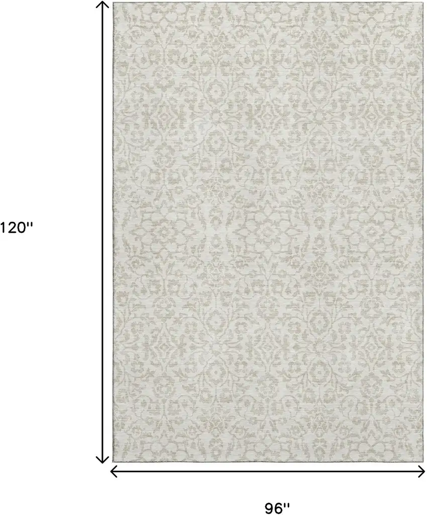 Ivory And Beige Damask Washable Area Rug With UV Protection Photo 3