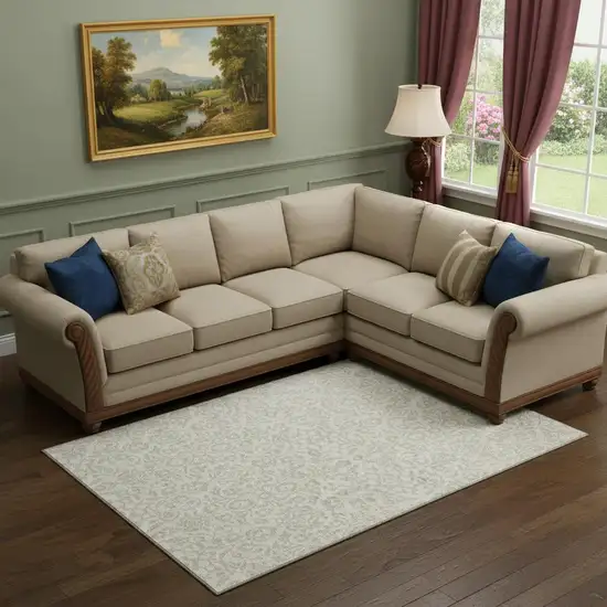 Ivory And Beige Damask Washable Area Rug With UV Protection Photo 1