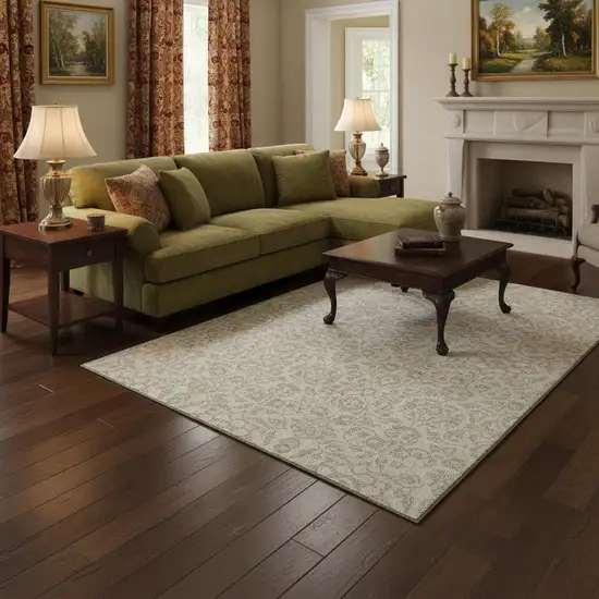 Ivory And Beige Damask Washable Area Rug With UV Protection Photo 2