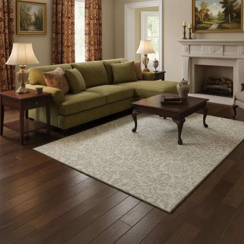 Ivory And Beige Damask Washable Area Rug With UV Protection Photo 2