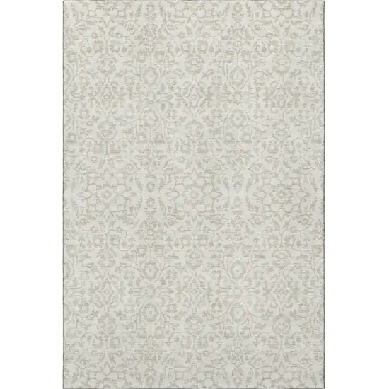 Ivory And Beige Damask Washable Area Rug With UV Protection Photo 4