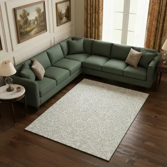 Ivory And Beige Damask Washable Area Rug With UV Protection Photo 2