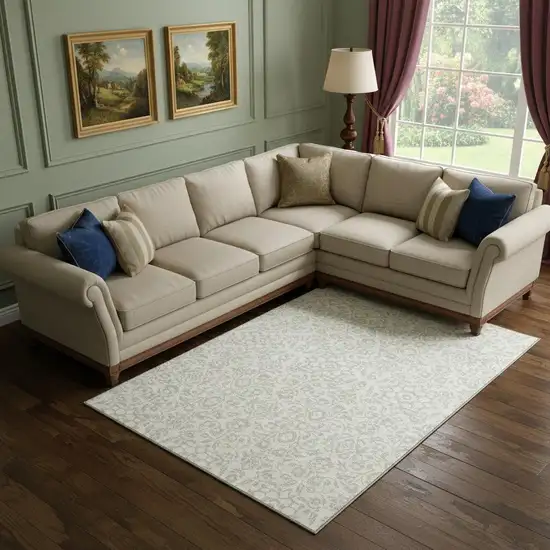 Ivory And Beige Damask Washable Area Rug With UV Protection Photo 1