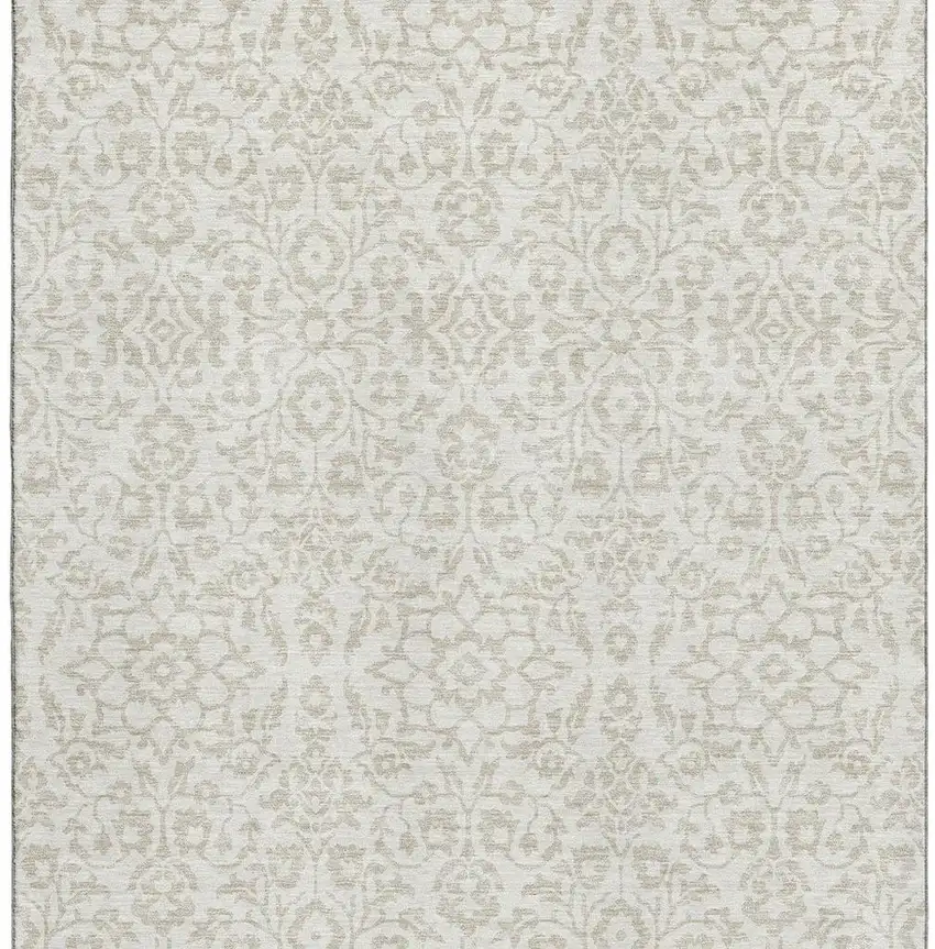 Ivory And Beige Damask Washable Area Rug With UV Protection Photo 3
