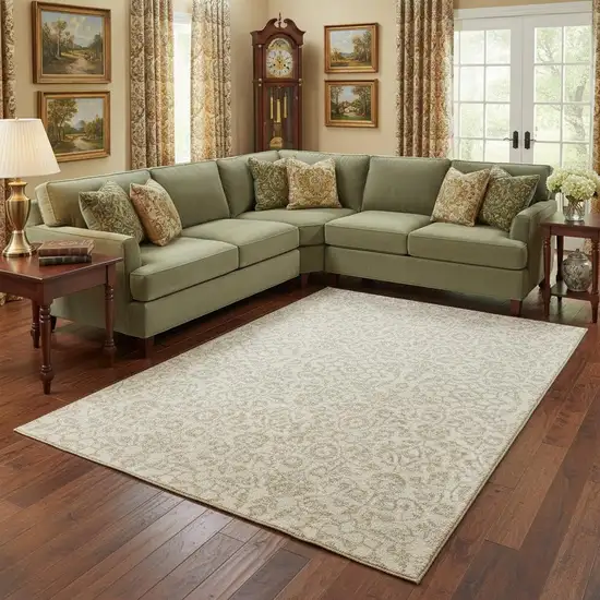 Ivory And Beige Damask Washable Area Rug With UV Protection Photo 2