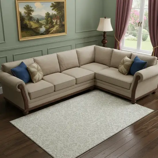 Ivory And Beige Damask Washable Area Rug With UV Protection Photo 1