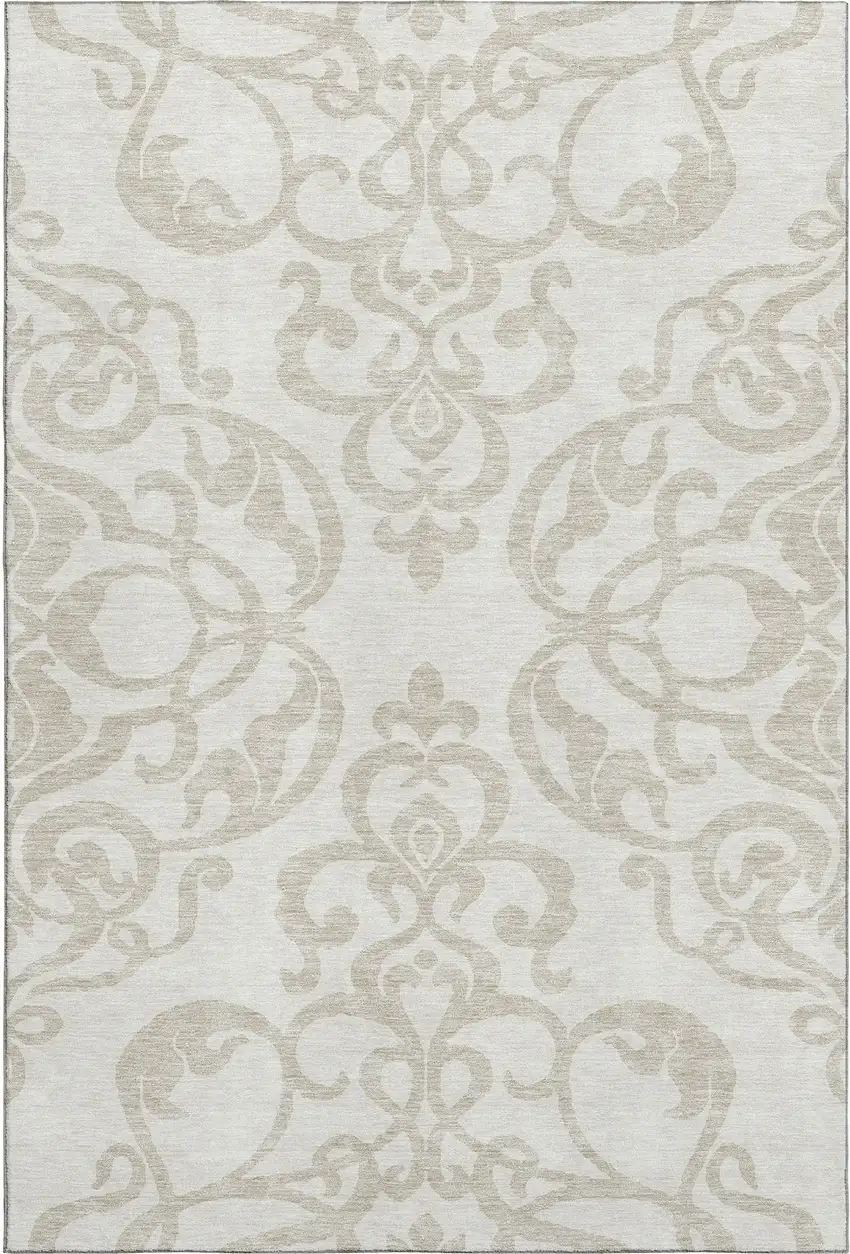 Ivory And Beige Damask Washable Area Rug With UV Protection Photo 1