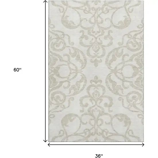 Ivory And Beige Damask Washable Area Rug With UV Protection Photo 9