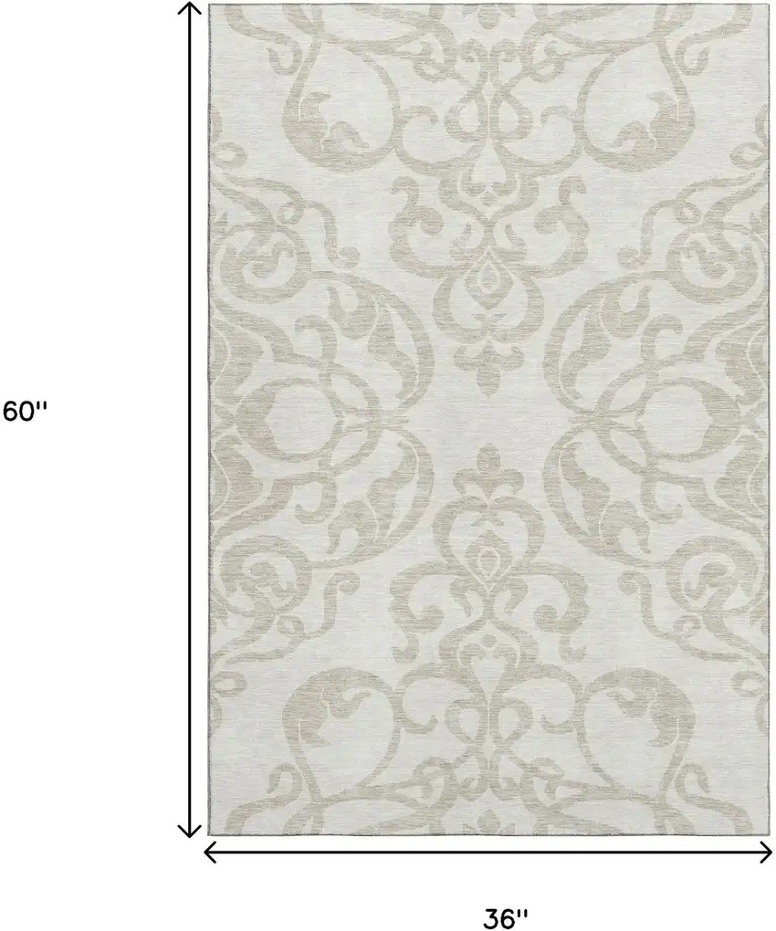 Ivory And Beige Damask Washable Area Rug With UV Protection Photo 9