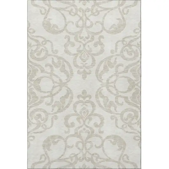 Ivory And Beige Damask Washable Area Rug With UV Protection Photo 2