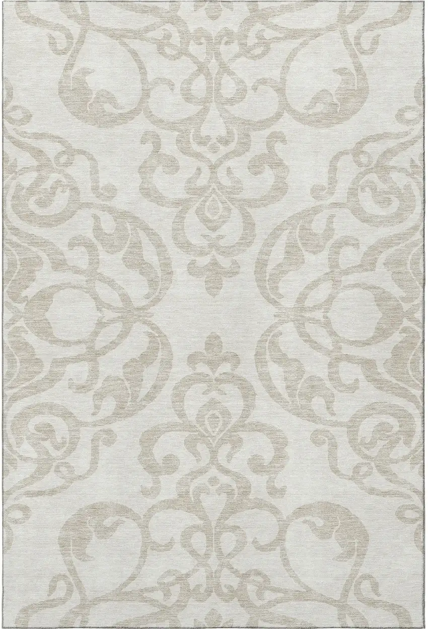 Ivory And Beige Damask Washable Area Rug With UV Protection Photo 2