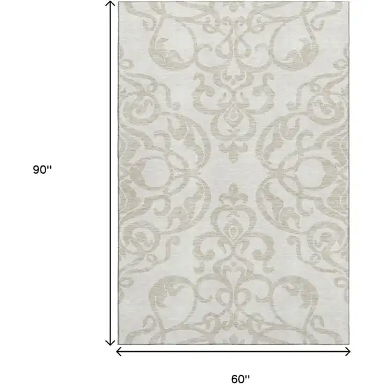 Ivory And Beige Damask Washable Area Rug With UV Protection Photo 8