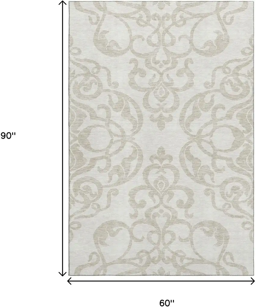 Ivory And Beige Damask Washable Area Rug With UV Protection Photo 8