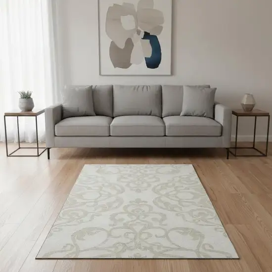 Ivory And Beige Damask Washable Area Rug With UV Protection Photo 2