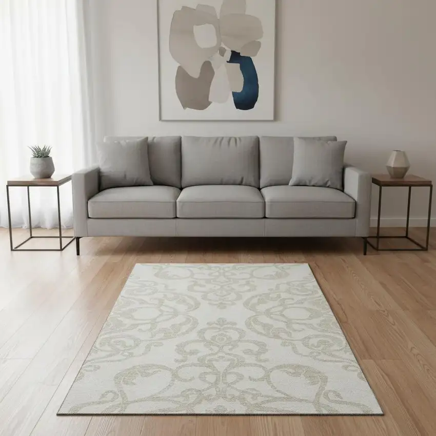 Ivory And Beige Damask Washable Area Rug With UV Protection Photo 2