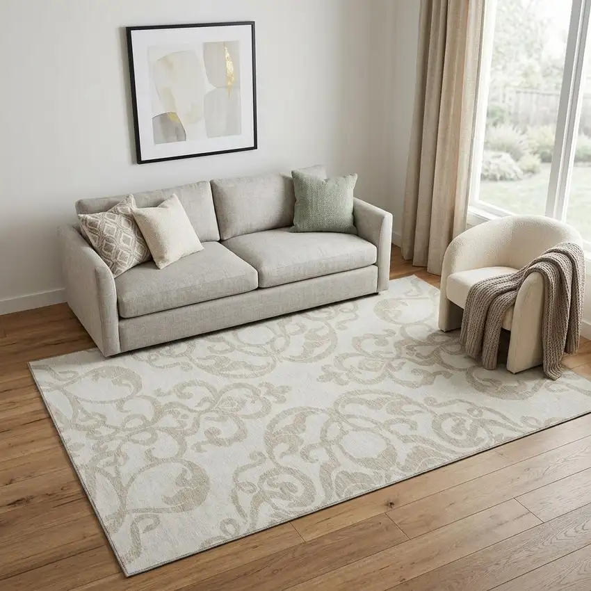 Ivory And Beige Damask Washable Area Rug With UV Protection Photo 1
