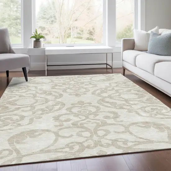 Ivory And Beige Damask Washable Area Rug With UV Protection Photo 5