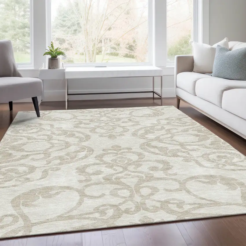 Ivory And Beige Damask Washable Area Rug With UV Protection Photo 5