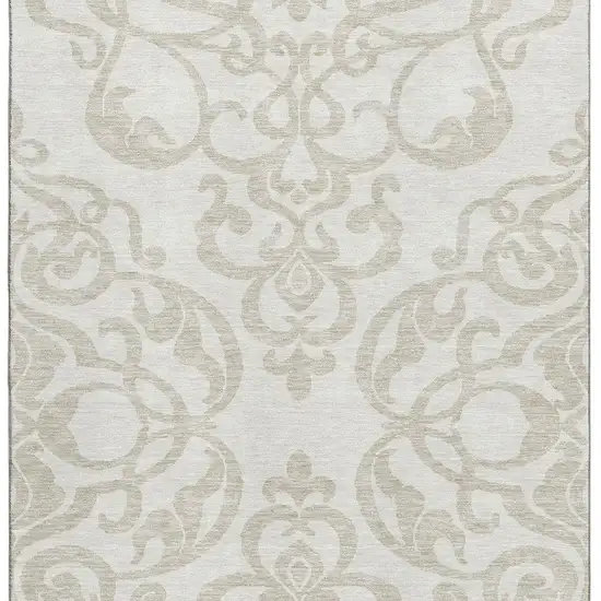 Ivory And Beige Damask Washable Area Rug With UV Protection Photo 3