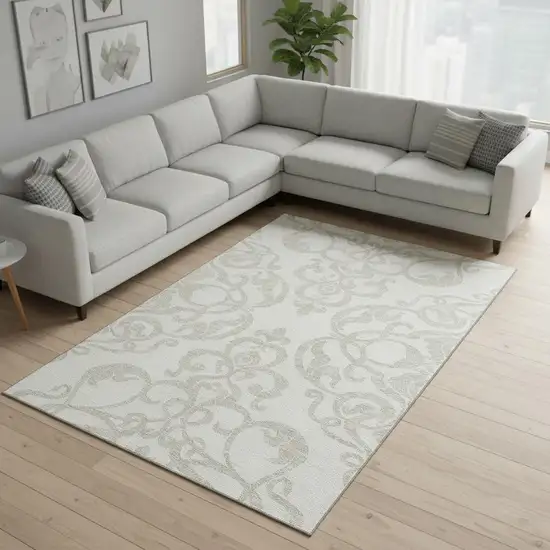 Ivory And Beige Damask Washable Area Rug With UV Protection Photo 2