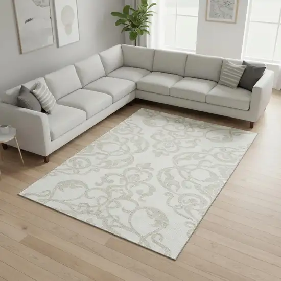 Ivory And Beige Damask Washable Area Rug With UV Protection Photo 2