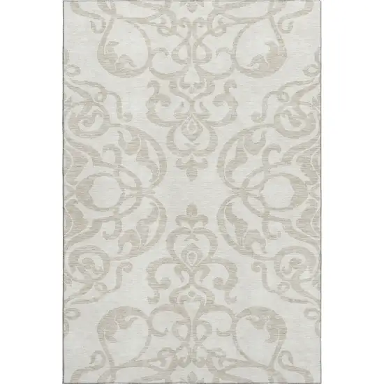 Ivory And Beige Damask Washable Area Rug With UV Protection Photo 1