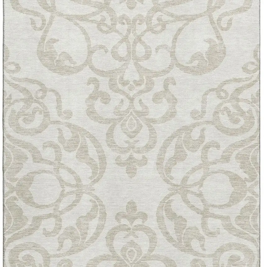 Ivory And Beige Damask Washable Area Rug With UV Protection Photo 3
