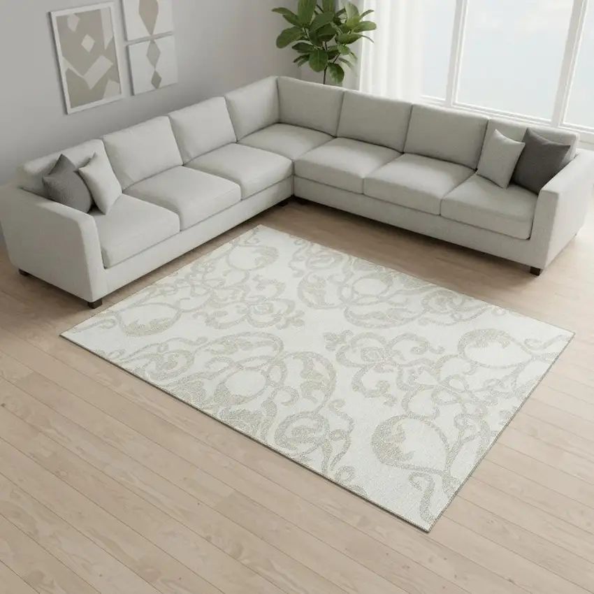 Ivory And Beige Damask Washable Area Rug With UV Protection Photo 2