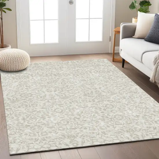 Ivory And Beige Damask Washable Indoor Outdoor Area Rug Photo 9