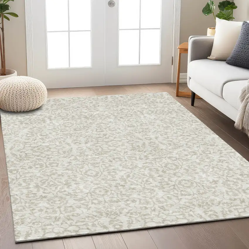 Ivory And Beige Damask Washable Indoor Outdoor Area Rug Photo 9