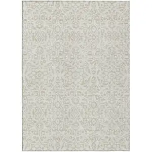 Photo of Ivory And Beige Damask Washable Indoor Outdoor Area Rug