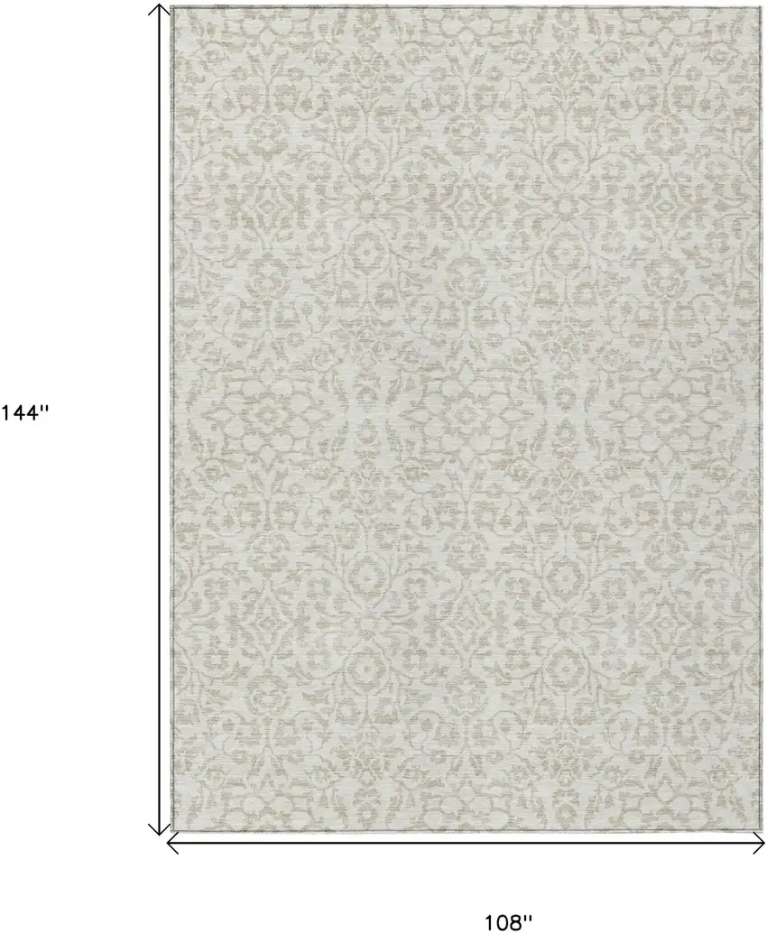 Ivory And Beige Damask Washable Indoor Outdoor Area Rug Photo 3