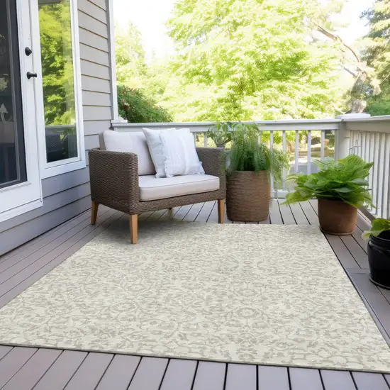 Ivory And Beige Damask Washable Indoor Outdoor Area Rug Photo 8