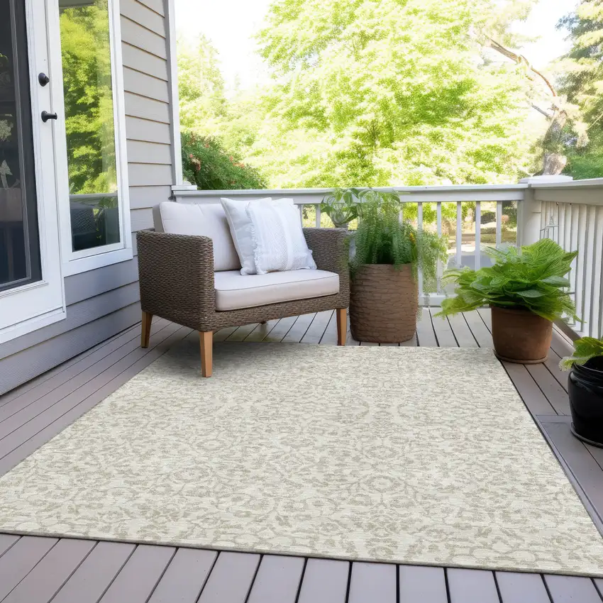 Ivory And Beige Damask Washable Indoor Outdoor Area Rug Photo 8