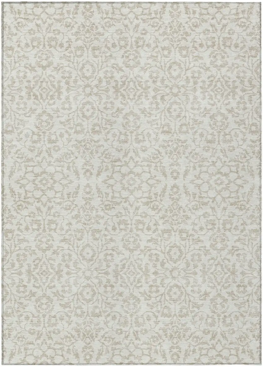 Ivory And Beige Damask Washable Indoor Outdoor Area Rug Photo 2